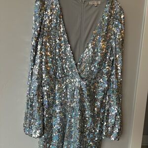 Wayf Carrie Silver Sequin V-Neck Dress